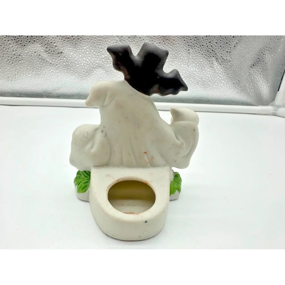 Vintage Ceramic Halloween Ghost with Bat and Tombstone‎ Tea Light Holder 3.25in